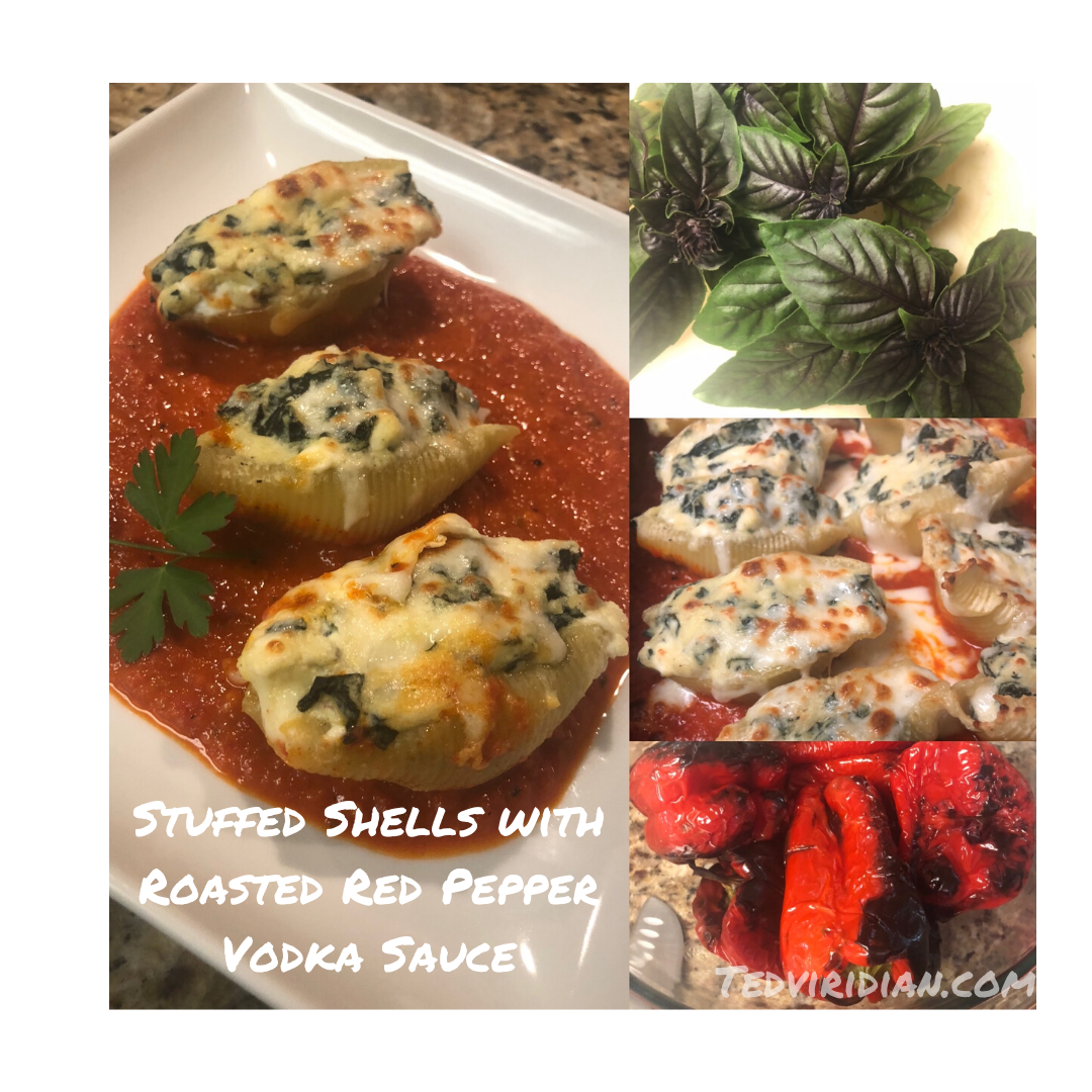 Malabar Spinach and Ricotta Stuffed Shells with Roasted Red Pepper Vodka Sauce